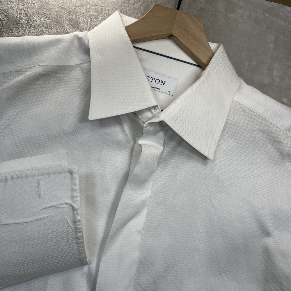 ETON Contemporary Fit White Men's Button Up Dress Shirt 46 18 French Cuff FLAW